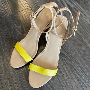 ALDO nude block heel with neon yellow strap